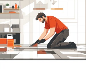 Employee installing laminate flooring in a modern setting, vector illustration in flat style, showcasing renovation and repair services with a white backdrop