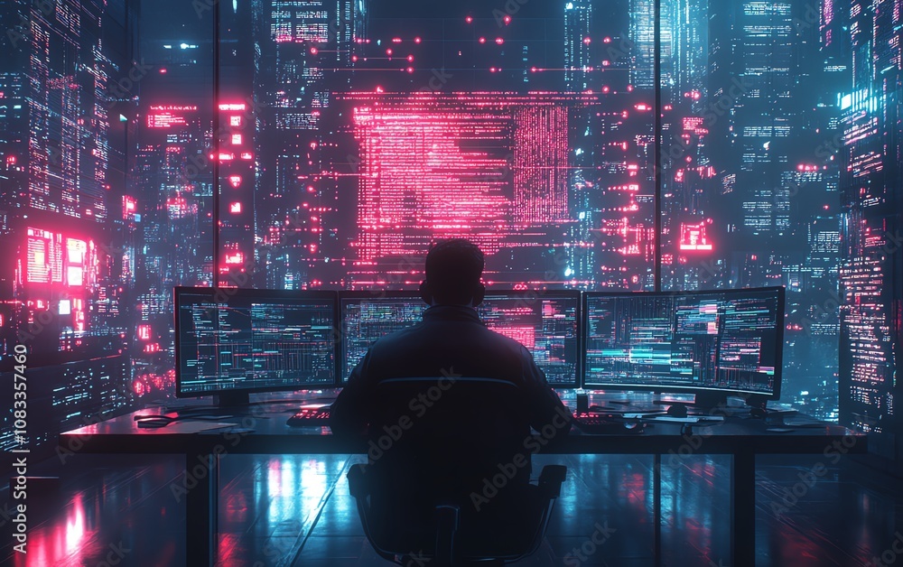 Aufkleber Programmer in a sleek tech workspace, surrounded by a holographic coding system, reading through computer scripts and working on data analytics