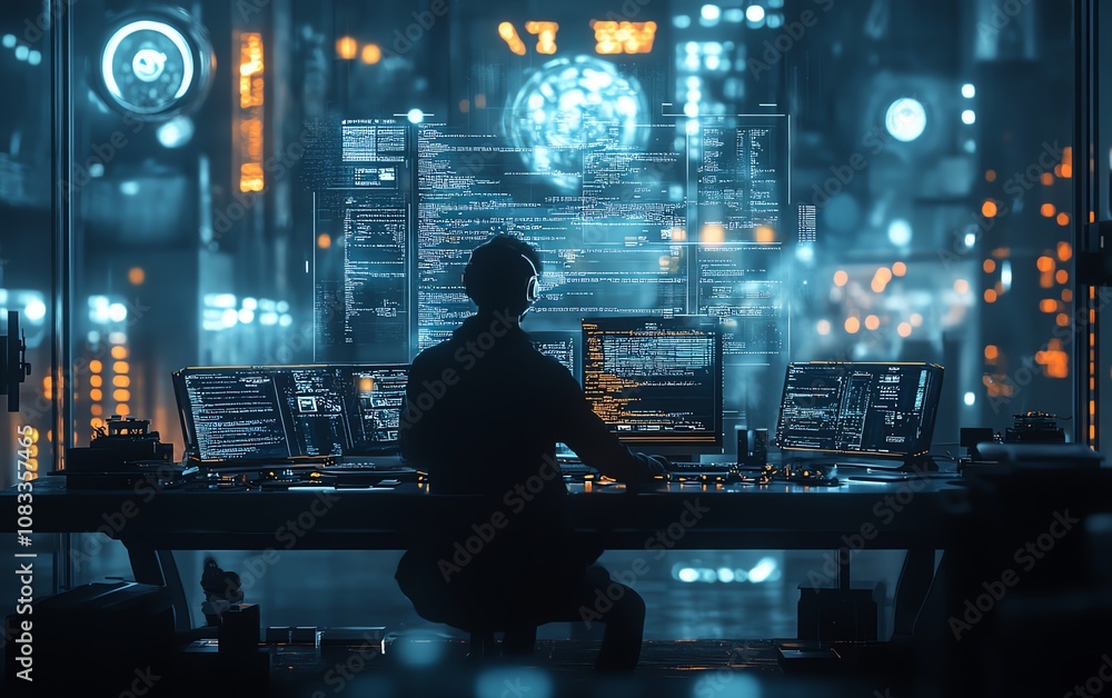 Aufkleber Programmer in a sleek tech workspace, surrounded by a holographic coding system, reading through computer scripts and working on data analytics