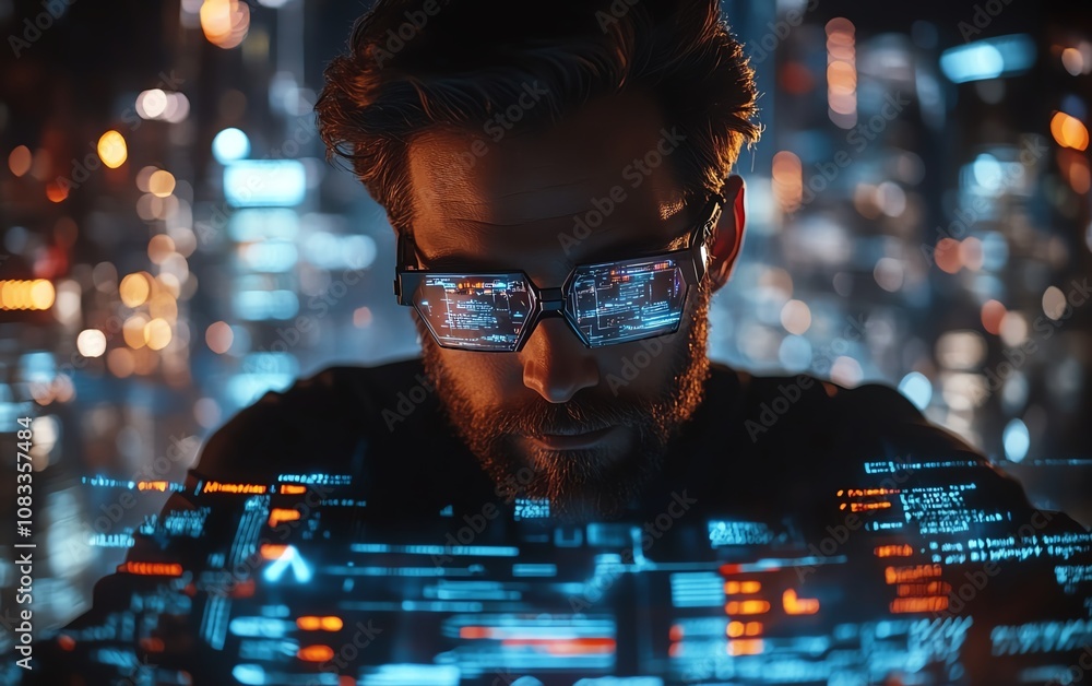Aufkleber Programmer in a sleek tech workspace, surrounded by a holographic coding system, reading through computer scripts and working on data analytics