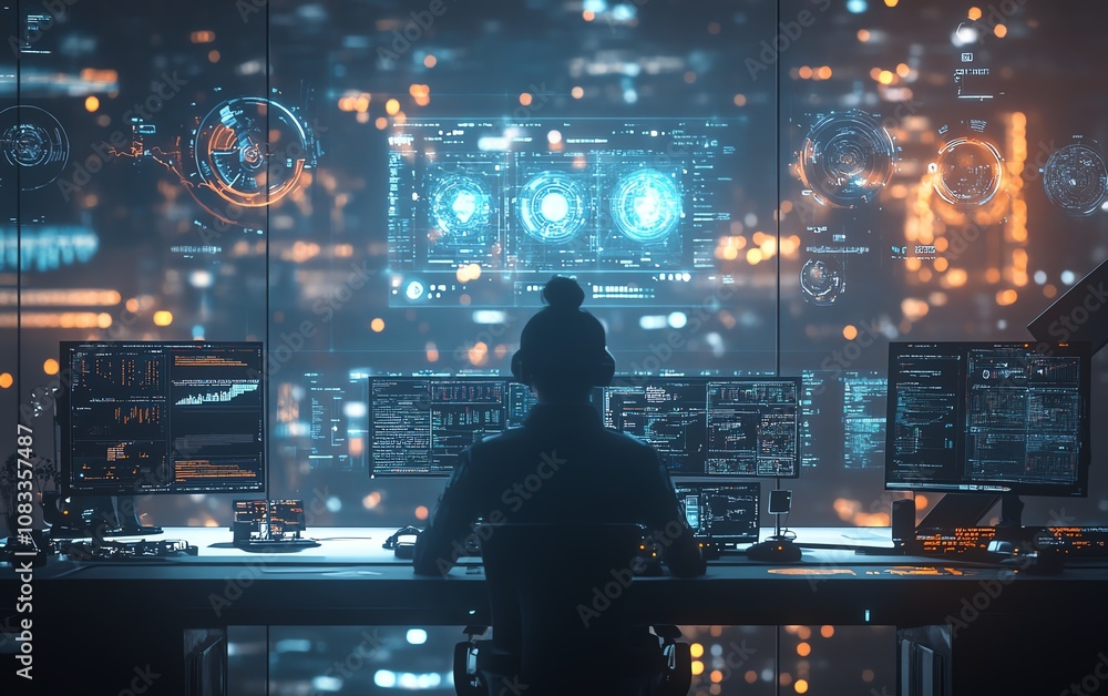 Aufkleber Programmer in a sleek tech workspace, surrounded by a holographic coding system, reading through computer scripts and working on data analytics