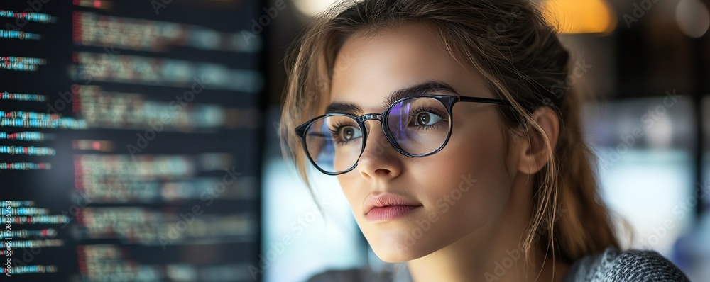 Aufkleber Techsavvy woman with glasses, working in data analytics, interacting with a holographic coding system while reading through detailed computer scripts