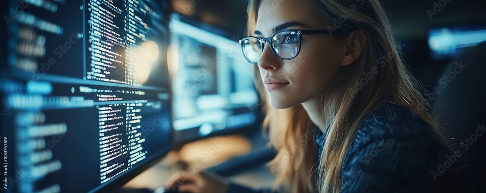 Aufkleber Techsavvy woman with glasses, working in data analytics, interacting with a holographic coding system while reading through detailed computer scripts