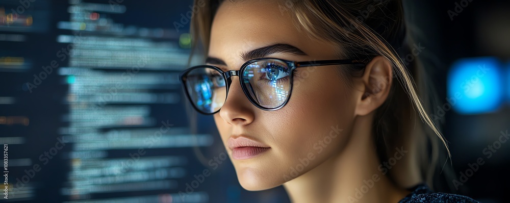 Aufkleber Techsavvy woman with glasses, working in data analytics, interacting with a holographic coding system while reading through detailed computer scripts