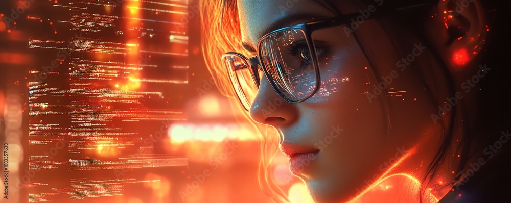 Aufkleber Techsavvy woman with glasses, working in data analytics, interacting with a holographic coding system while reading through detailed computer scripts