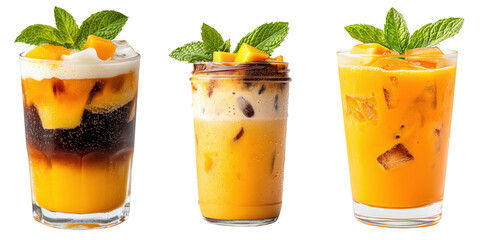 fusion drink coffee and juice.Three colorful drinks topped with mango and mint, showcasing different textures and layers.