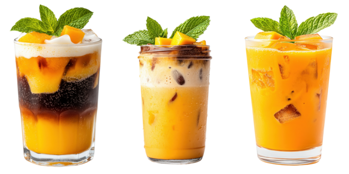 fusion drink coffee and juice.Three colorful drinks topped with mango and mint, showcasing different textures and layers.