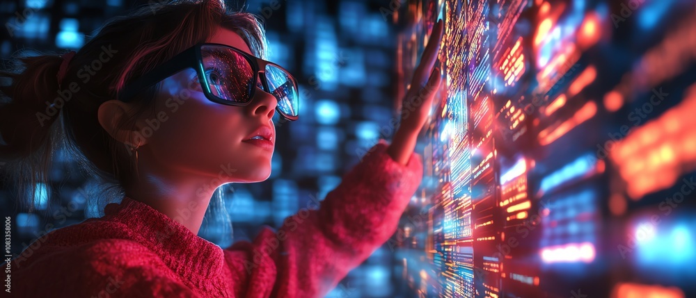 Aufkleber Woman in glasses working on data analytics, coding on a holographic screen, immersed in a hightech environment with computer scripts and algorithms