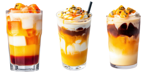 fusion drink coffee and juice.A vibrant trio of refreshing layered drinks, showcasing colorful ingredients and creamy toppings in clear glasses.