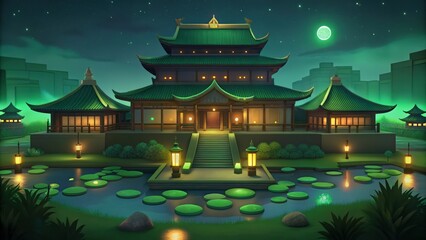 Fototapeta premium A Traditional Japanese Temple at Night with a Green Moon and a Pond with Lily Pads
