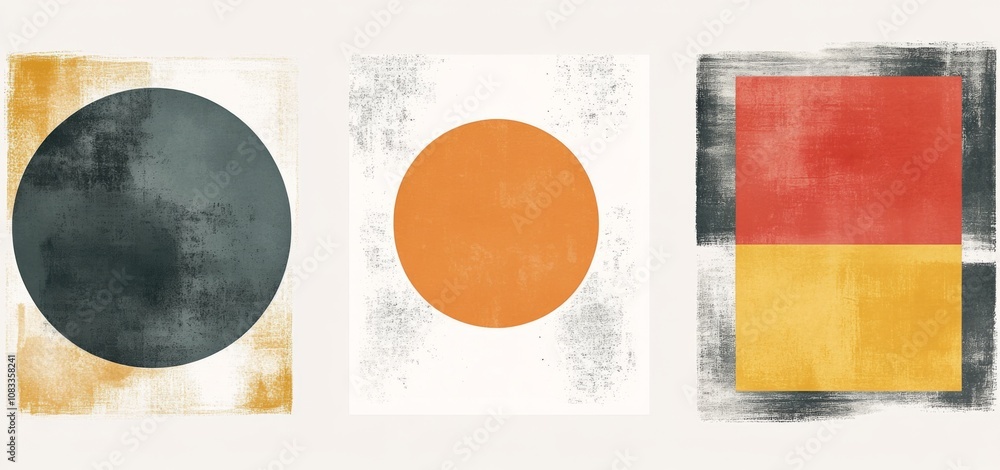 Aufkleber set of three abstract retro art prints featuring simple shapes like circles and squares in retro col