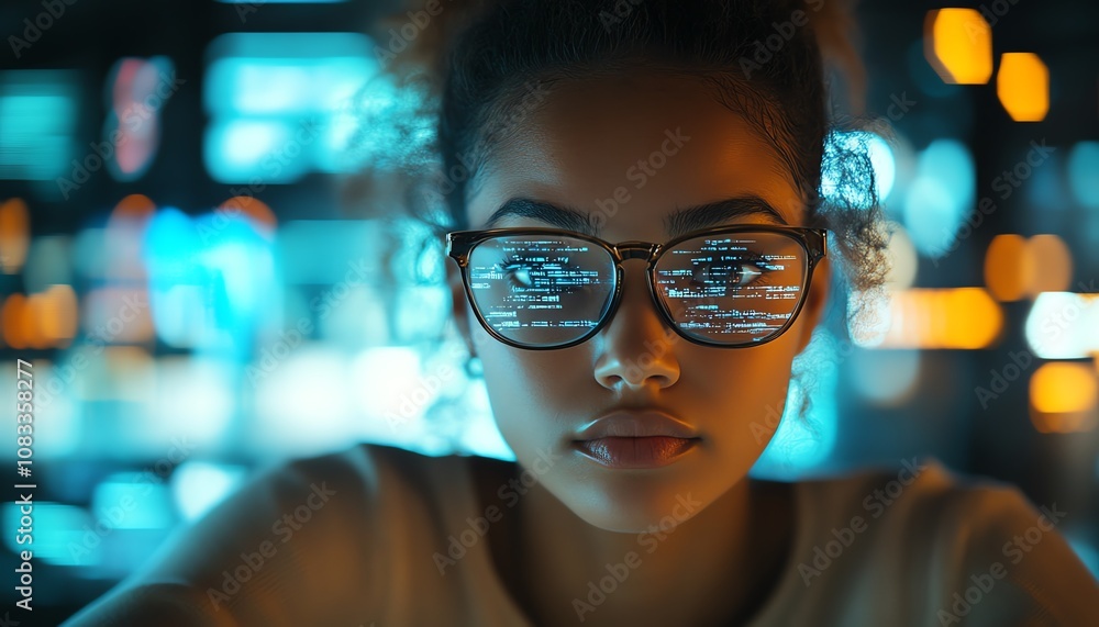 Poster A female information technology worker with glasses, programming and navigating through a futuristic holographic coding system in a modern office