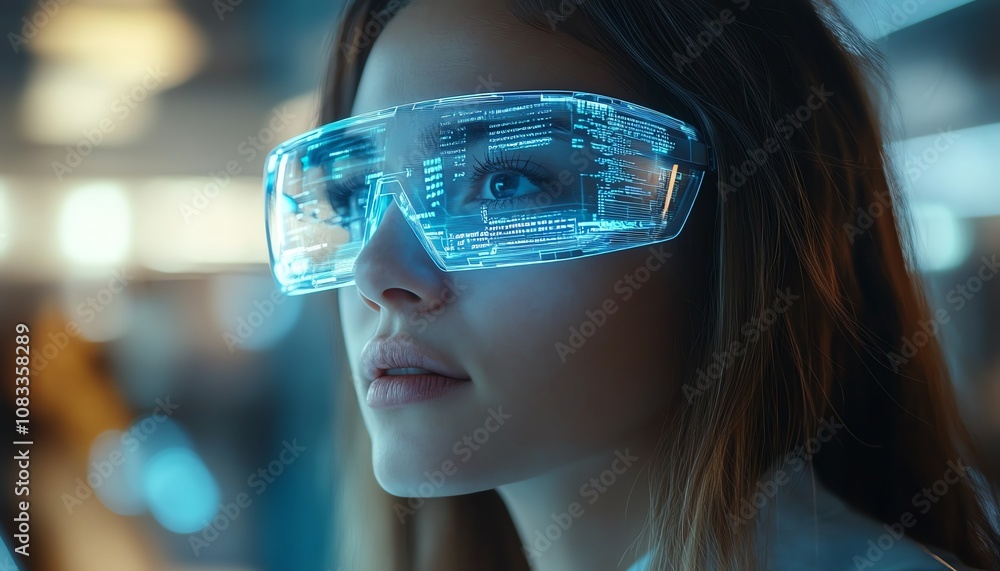 Poster A female information technology worker with glasses, programming and navigating through a futuristic holographic coding system in a modern office
