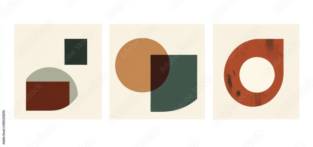 Aufkleber set of three abstract retro art prints featuring simple shapes like circles and squares in retro col