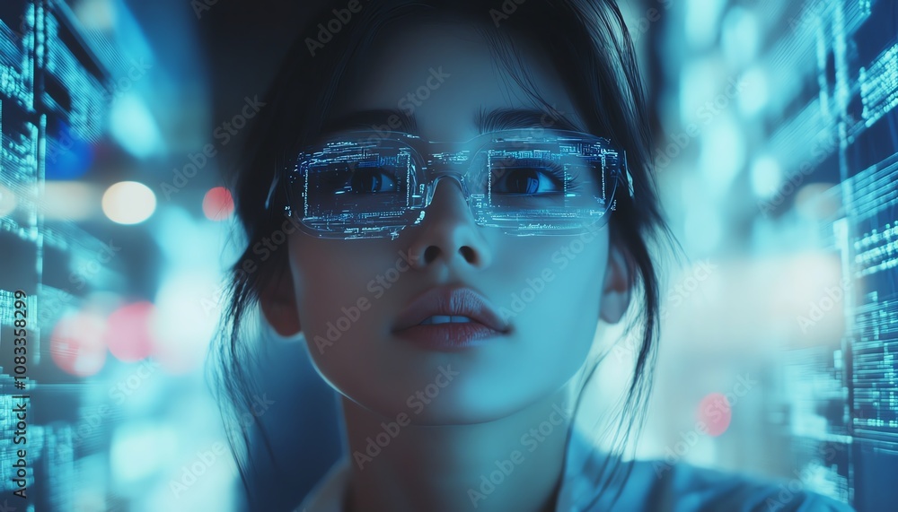 Poster A female information technology worker with glasses, programming and navigating through a futuristic holographic coding system in a modern office