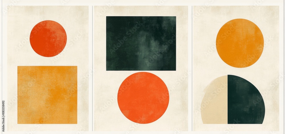 Poster set of three abstract retro art prints featuring simple shapes like circles and squares in retro col
