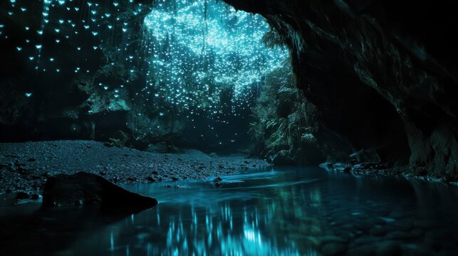 The serene beauty of the bioluminescent glowworm caves in Waitomo, New Zealand, Cave scene