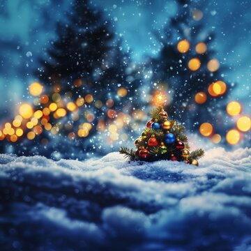 a small tiny christmas tree in a snowy forest, the light shines bright through the tree, nowflakes float gently through the air, winter air, sunlight, Golden bokeh - Generative AI	
