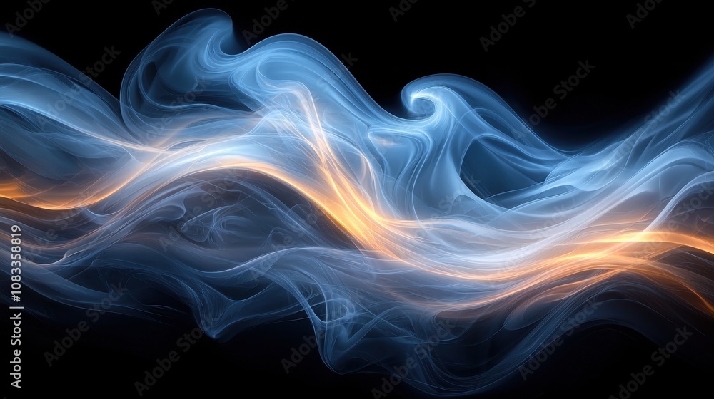 Poster ethereal blue and orange smoke patterns swirling in the darkness creating a mesmerizing visual effec