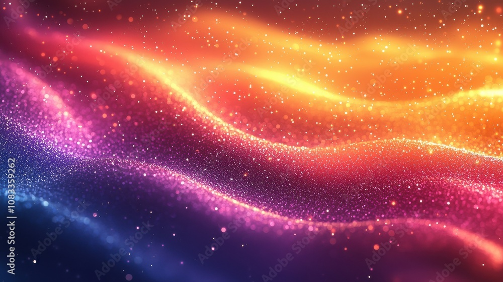 Poster colorful abstract wave patterns filled with glowing particles in a stunning display of light and mot