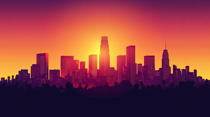 Fototapeta premium Stunning sunset over the Los Angeles skyline silhouetting high-rise buildings at dusk