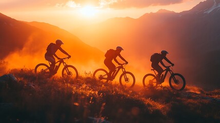 Obraz premium Mountain biking adventure at sunset nature action shot outdoor dynamic view thrill seeking