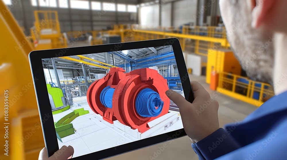 Poster a person using a tablet to view a 3d model of machinery in an industrial setting.