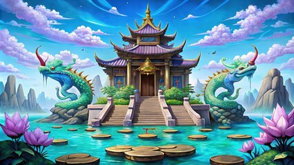 Obraz premium A Mystical Asian Temple with Dragon Guardians and Water Lilies