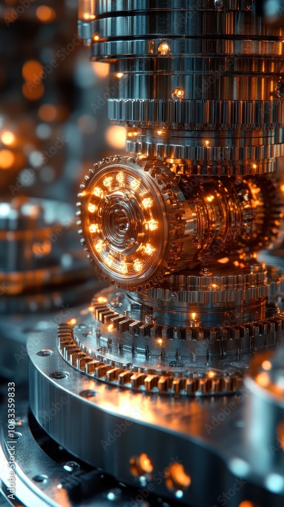 Poster intricate gears and glowing elements in a mechanical assembly.