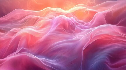 Fototapeta premium Colorful waves of soft pink and purple clouds appear to dance during a serene sunset over a tranquil landscape