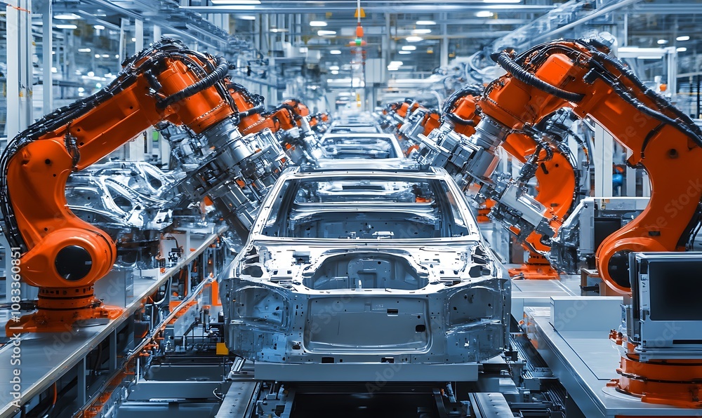 Poster automated assembly line with robotic arms working on car manufacturing.
