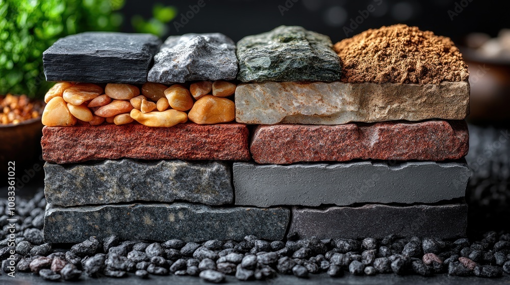 Poster a layered display of various stones and textures for design purposes.