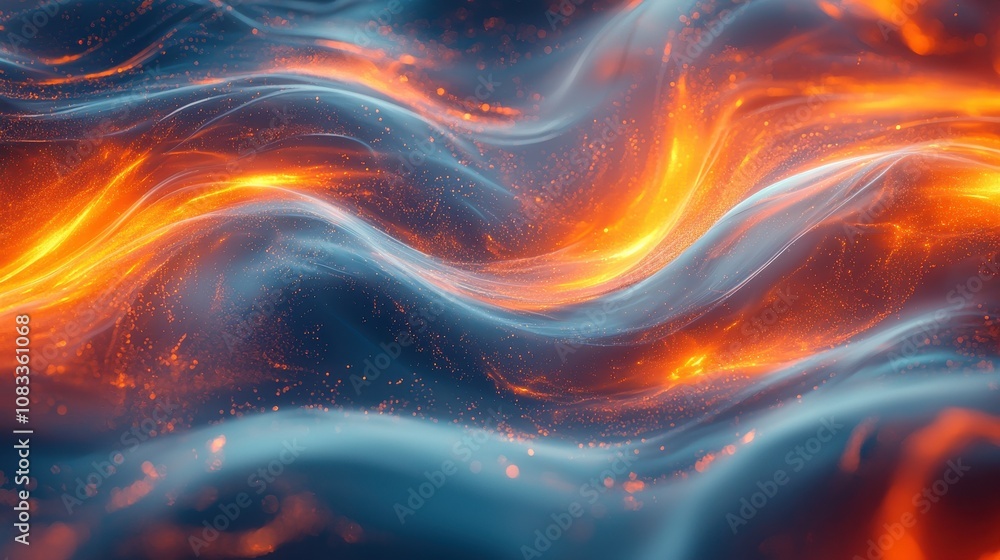 Poster swirling waves of orange and blue light create a mesmerizing abstract pattern resembling flowing lav