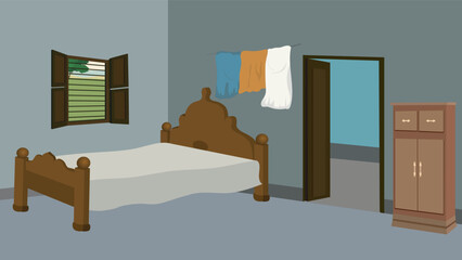 Village room inside design vector artwork.Rural poor room interior illustration with wooden door,window,bed,almirah