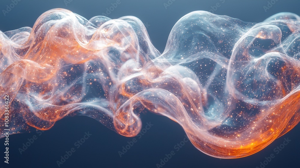 Poster colorful swirling abstract pattern with glowing particles in a flowing design set against a dark bac