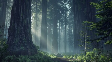 Obraz premium Serene Ancient Redwood Forest with Misty Atmosphere