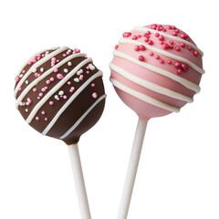 Two decorated cake pops, one in chocolate flavor with white drizzle, and the other in pink with sprinkles.