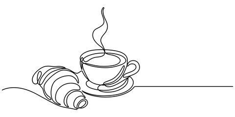 breakfast with croissant and coffee drawn in one line style, One continuous line drawing croissant with coffee mug. Breakfast in simple linear style. Pastry Croissant. Vector illustration isolated.