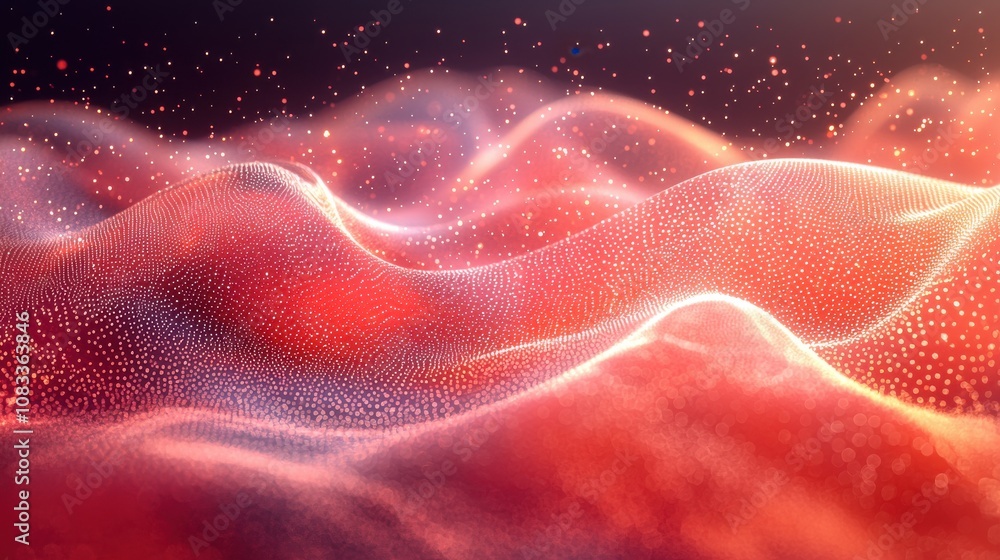 Poster abstract visualization of waves and particles in a vibrant landscape with glowing dots illuminated b