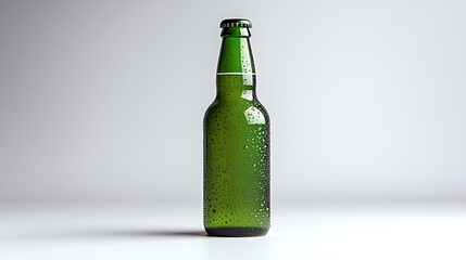 A green glass beer bottle with condensation on a white background.