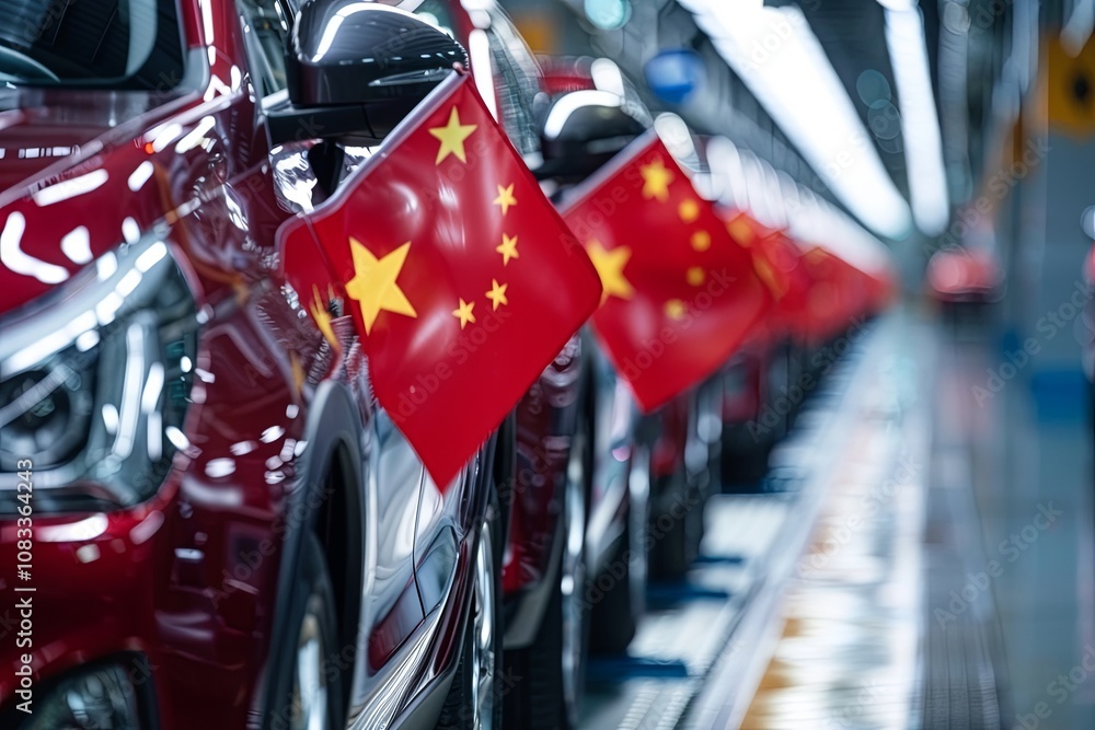 Poster chinese cars being assembled with national flags displayed in a modern factory setting during a busy