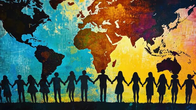 Global Unity: A vibrant world map with diverse silhouettes of people holding hands, symbolizing global unity, interconnectedness, and the power of collaboration.