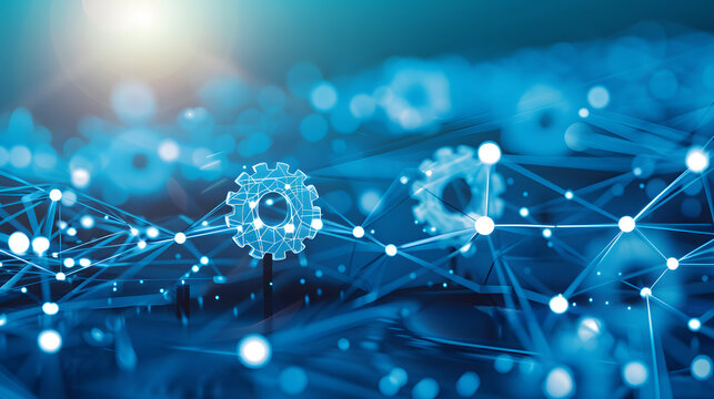 Large interconnected network of gears symbolizing corporate competition, with one oversized gear dominating the scene, representing antitrust concerns. Central gear with copy space for text.