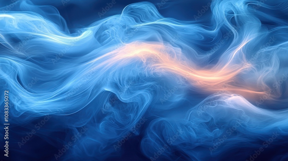 Poster abstract blue and orange smoke swirls blend together in a calming pattern creating a tranquil atmosp