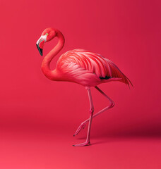 Fototapeta premium A striking pink flamingo standing gracefully on one leg against a vibrant pink background in a studio setting