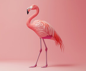 Fototapeta premium A vibrant pink flamingo stands elegantly against a soft pink background, showcasing its distinct plumage and graceful stature