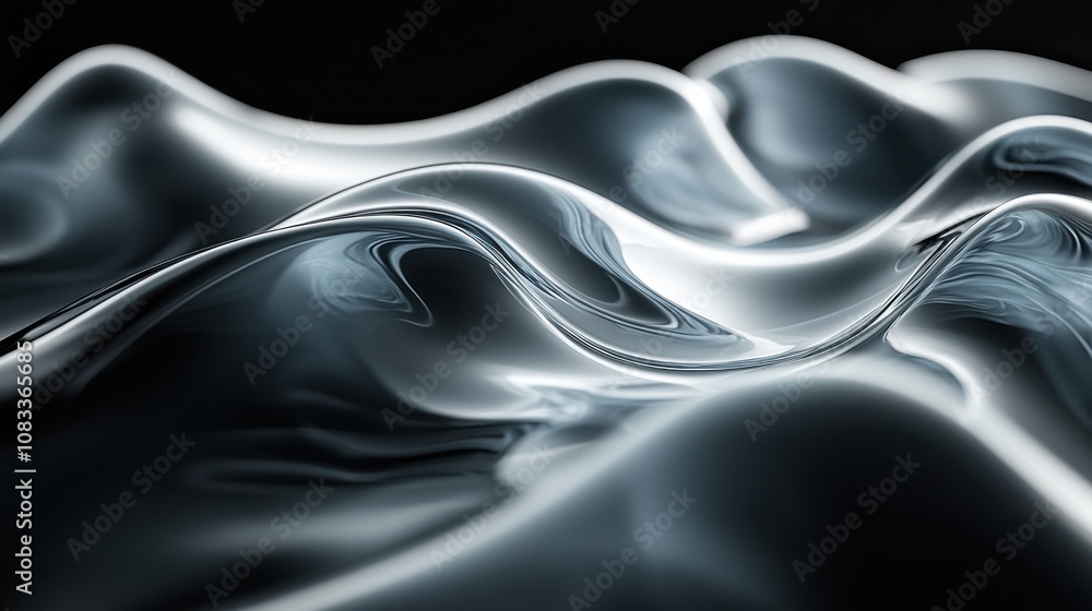 Poster fluid metallic waves create a mesmerizing pattern on a dark background, showcasing movement and text