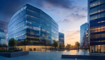 Fototapeta premium A modern cityscape featuring sleek glass buildings at sunset, reflecting vibrant colors in a serene waterway, showcasing urban architecture and design.