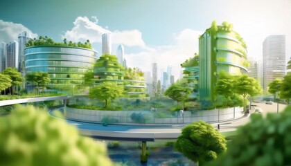 Fototapeta premium A futuristic cityscape featuring sustainable architecture, lush greenery, and advanced technology harmonizing with nature in a vibrant, eco-friendly environment.