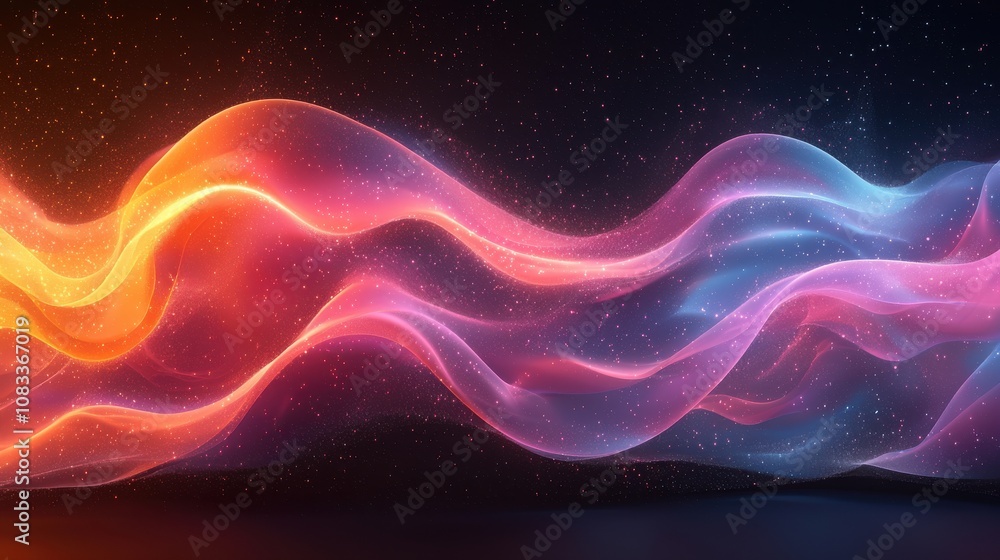 Poster colorful abstract waves flowing gracefully in a dark space, creating a mesmerizing visual effect